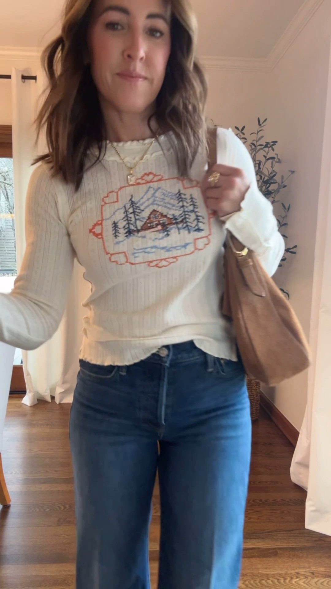 Obsessed with this Pointelle top!! Prettiest winter tee. 
XS. 3 colors. 
Jeans tts, regular length 

#LTKOver40 #LTKootd #LTKSeasonal