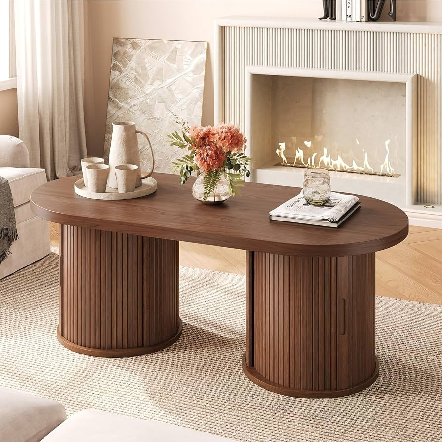 ONBRILL 47" Fluted Coffee Table, Oval Coffee Table with 2 Storage Legs, Mid-Century Modern Center... | Amazon (US)