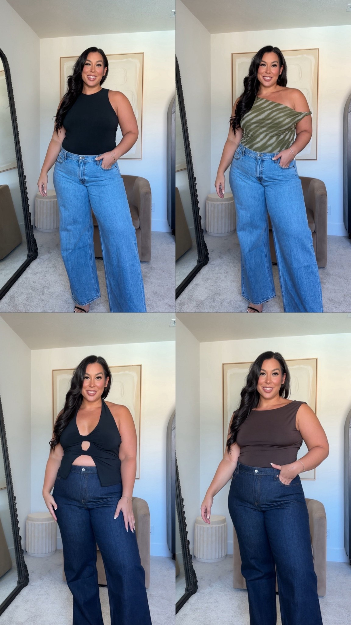 Use code AFBONNIE for a stackable 15% off! Sizing below ⬇️ 
Jeans: 33 long
Black bodysuit: L
Green mesh top: XL
Black halter top: L
Brown top: L

*Use code AFBONNIE to get an additional 15% off almost everything at checkout from 7/10/25-7/14/25. Offer valid in US/CA. Exclusions apply. See details online.