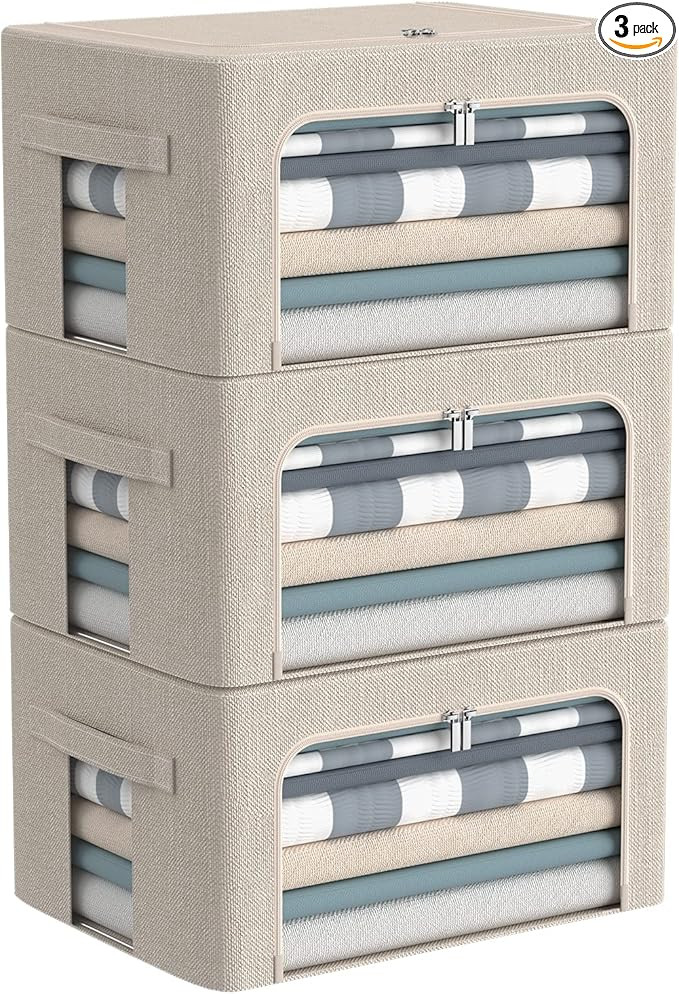 3Pack Foldable Storage Bins - Frame Storage Box Linen Fabric Stackable Clothes Container Organize... | Amazon (US)