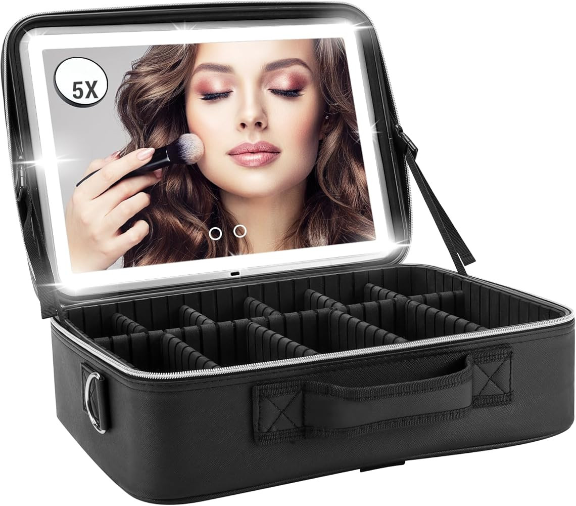 15" Villa Style Black Makeup Bag Large with Light Up Mirror Premium Makeup Organizer Travel Cosme... | Amazon (US)