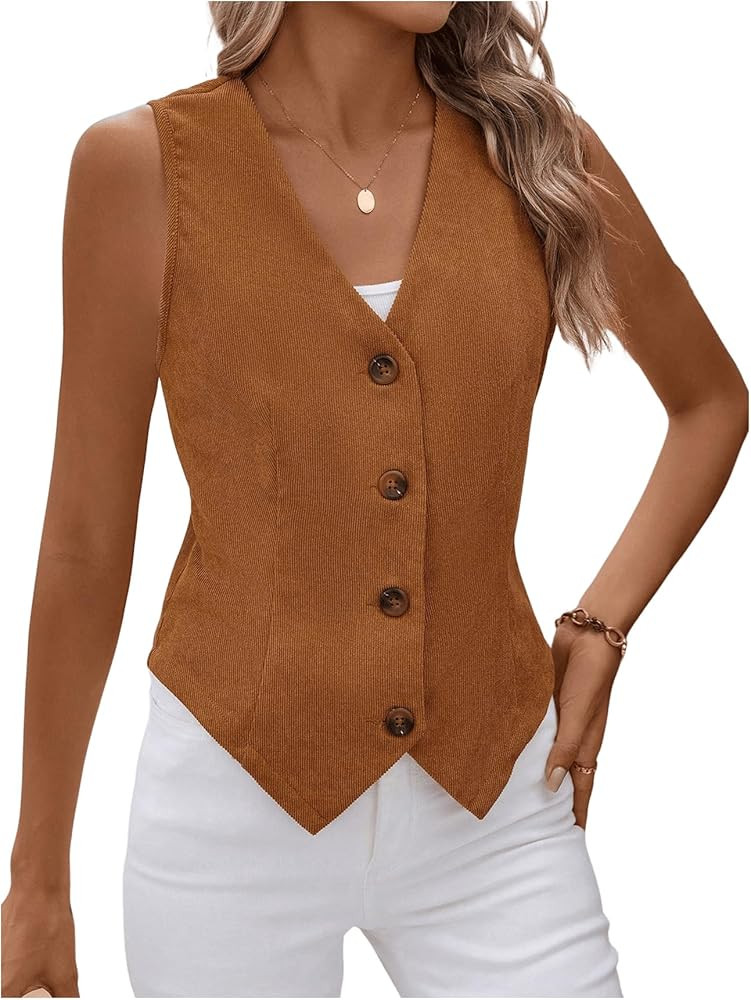 MakeMeChic Women's Corduroy Vest Button Down Sleeveless Waistcoat Jacket Office Work Suit Vest | Amazon (US)