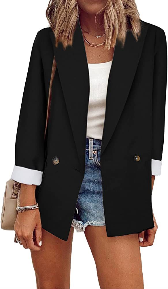 ROSKIKI Womens Lapel Collar Button Loose Blazers Jackets | Amazon (US)