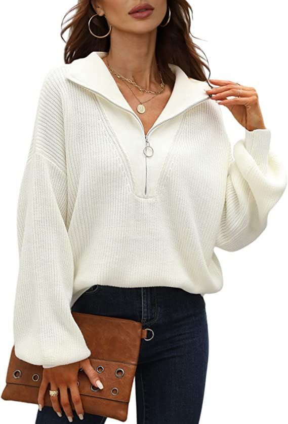 NATACATA Women's Long Sleeve Half Zip Pullover Sweater V Neck Collar Oversized Slouchy Knit Fall ... | Amazon (US)