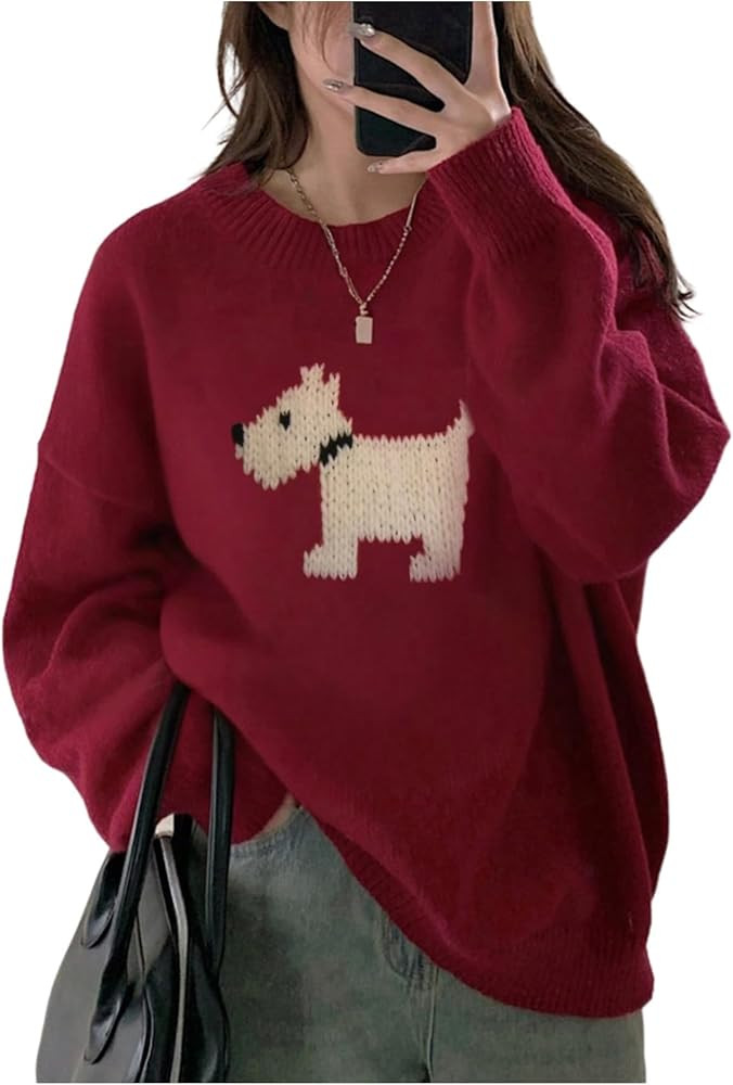 SHENHE Women's Cute Print Oversized Sweater Crew Neck Long Sleeve Fall Graphic Sweater Jumper | Amazon (US)