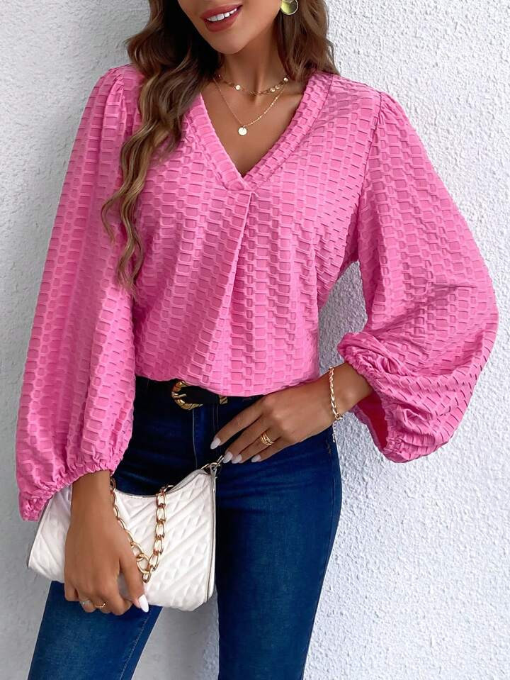 SHEIN LUNE Solid Lantern Sleeve Blouse | SHEIN