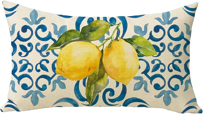 Fjfz Blue Lemon Lumbar Decorative Throw Pillow Cover 12 x 20, Rectangular Amalfi Coast Citrus Ita... | Amazon (US)