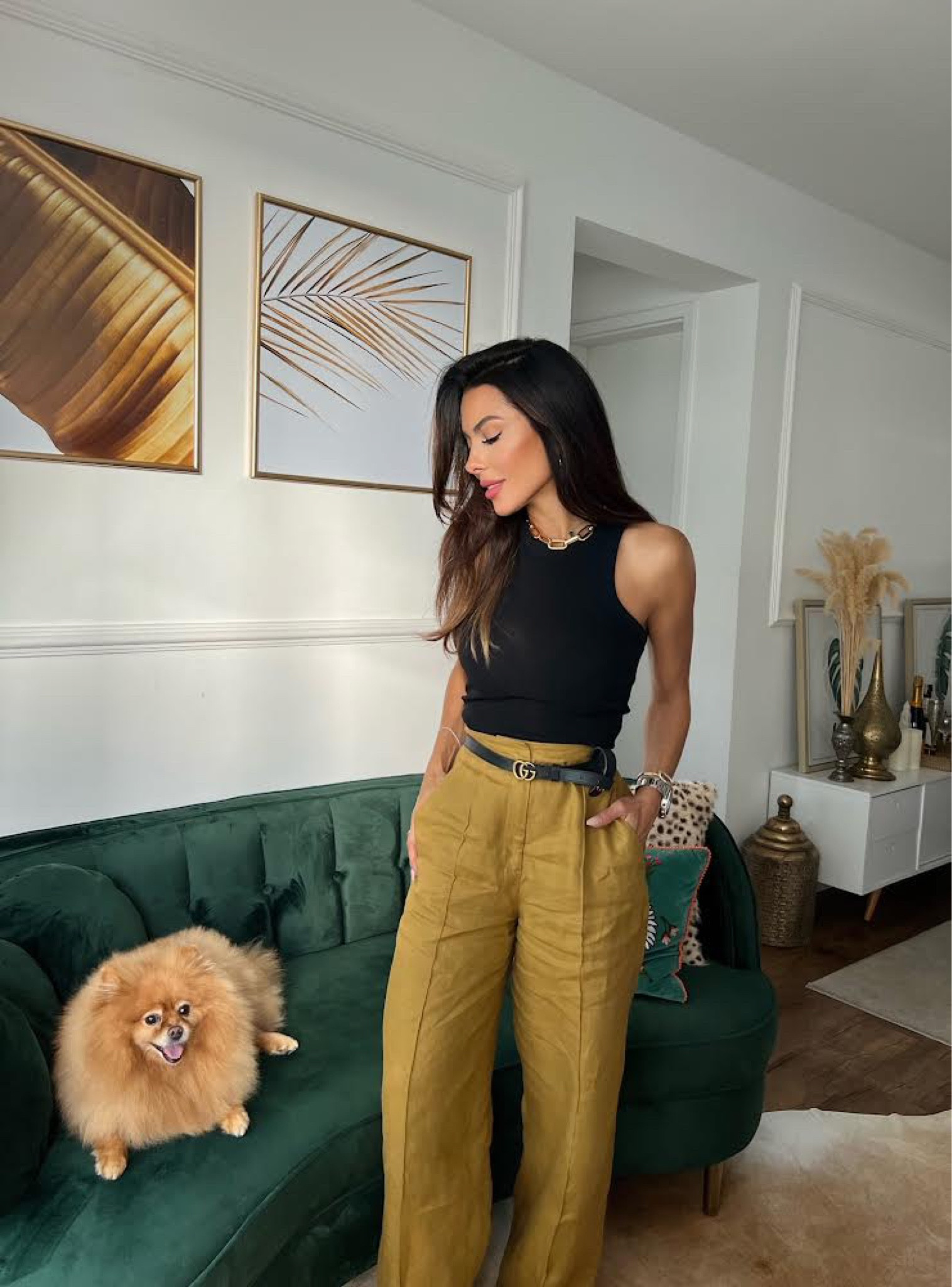 Mustard yellow trousers, black racer back crop top, Gucci belt, gold accessories, smart casual outfit, yellow and black, summer style 

#LTKstyletip #LTKeurope #LTKSeasonal