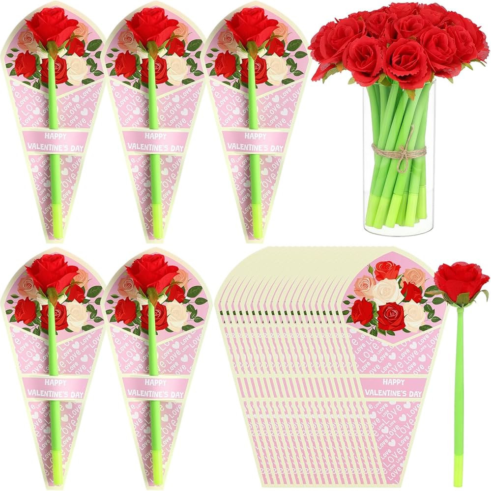24 Set Valentine's Day Flower Pens with Gift Cards Artificial Flower Ballpoint Pens Red Rose Pens... | Amazon (US)