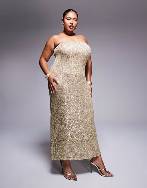ASOS DESIGN Curve sequin bandeau midi dress in gold | ASOS (Global)