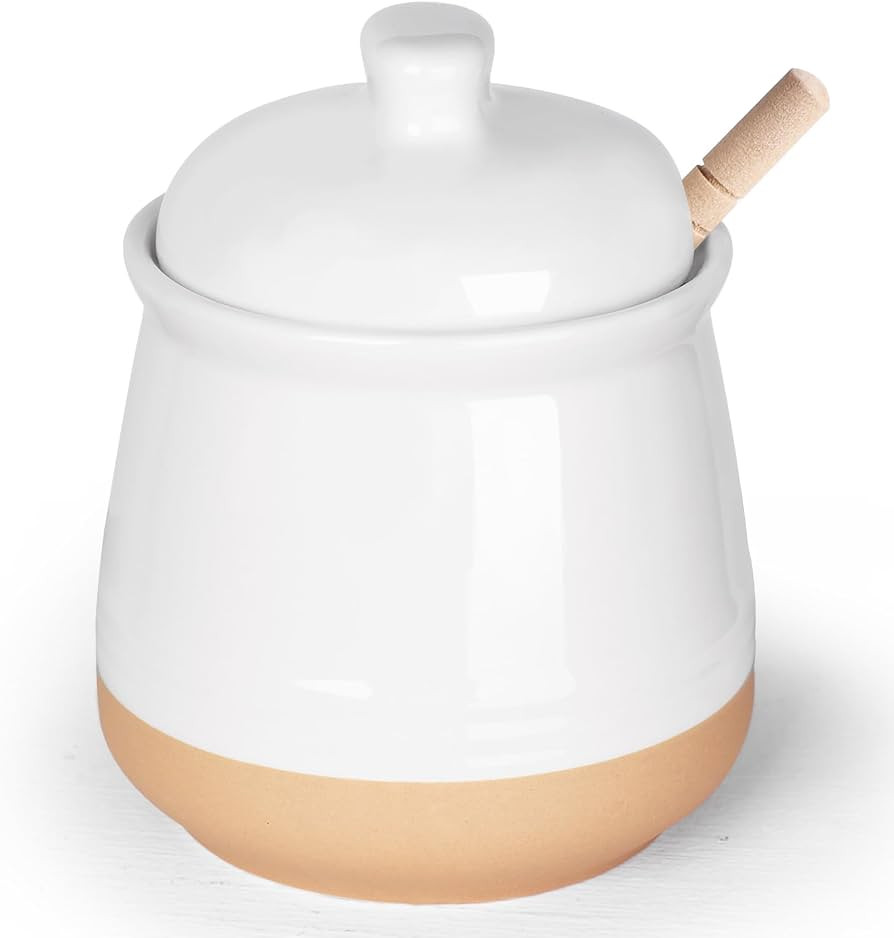LEETOYI Honey jar with Lid and Wooden Dipper, 12oz Ceramic Honey Dispenser, White | Amazon (US)
