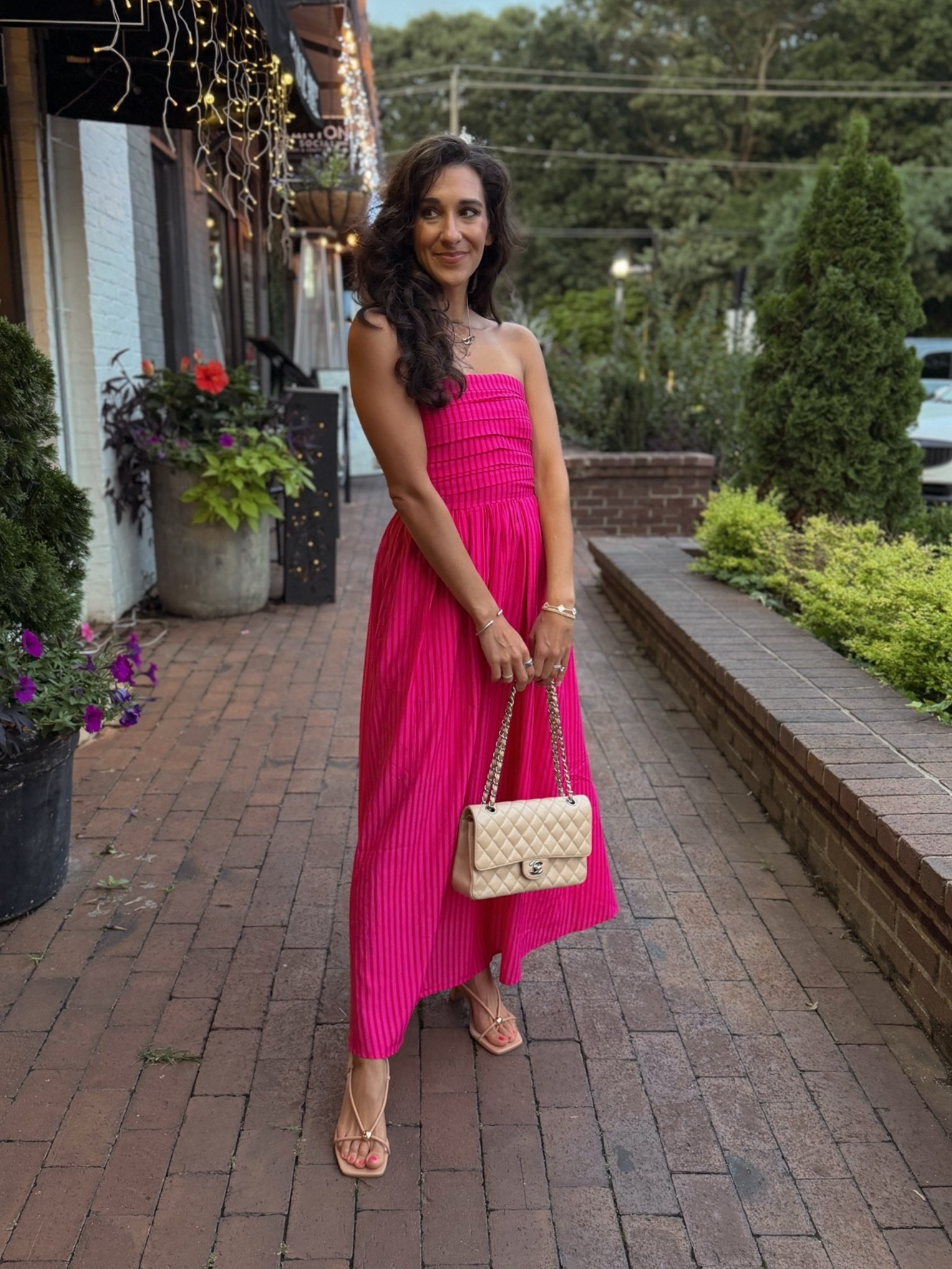 Hot pink midi dress for date night outfit - also great for resort wear / vacation outfit