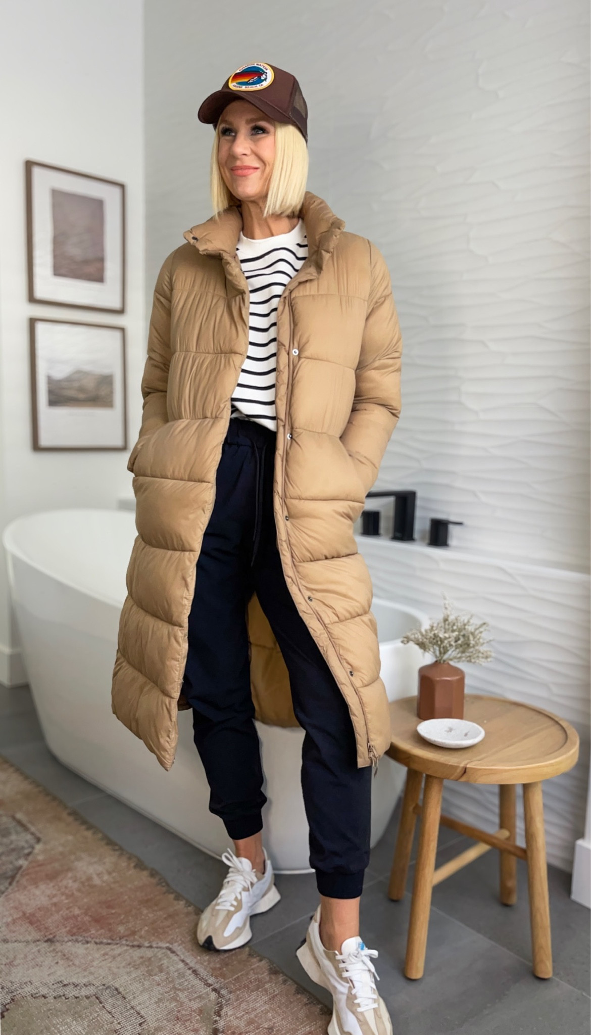 3 outerwear pieces for under $100! AND, these joggers — hands down the most worn piece in my wardrobe! They wash & wear (no drying) and keep their shape and color. Budget striped sweatshirt so many ways to wear.
Tan long puffer: runs tts, wearing a medium 
Orange puffer: runs tts, wearing a medium 
Denim jacket: runs tts, wearing a medium 