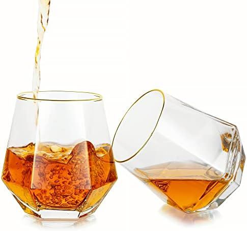 Hanobe Gold Rim Whiskey Glasses Set of 2 Diamond Geometric Tilted Drinking Glasses Sets Stemless Wat | Amazon (US)