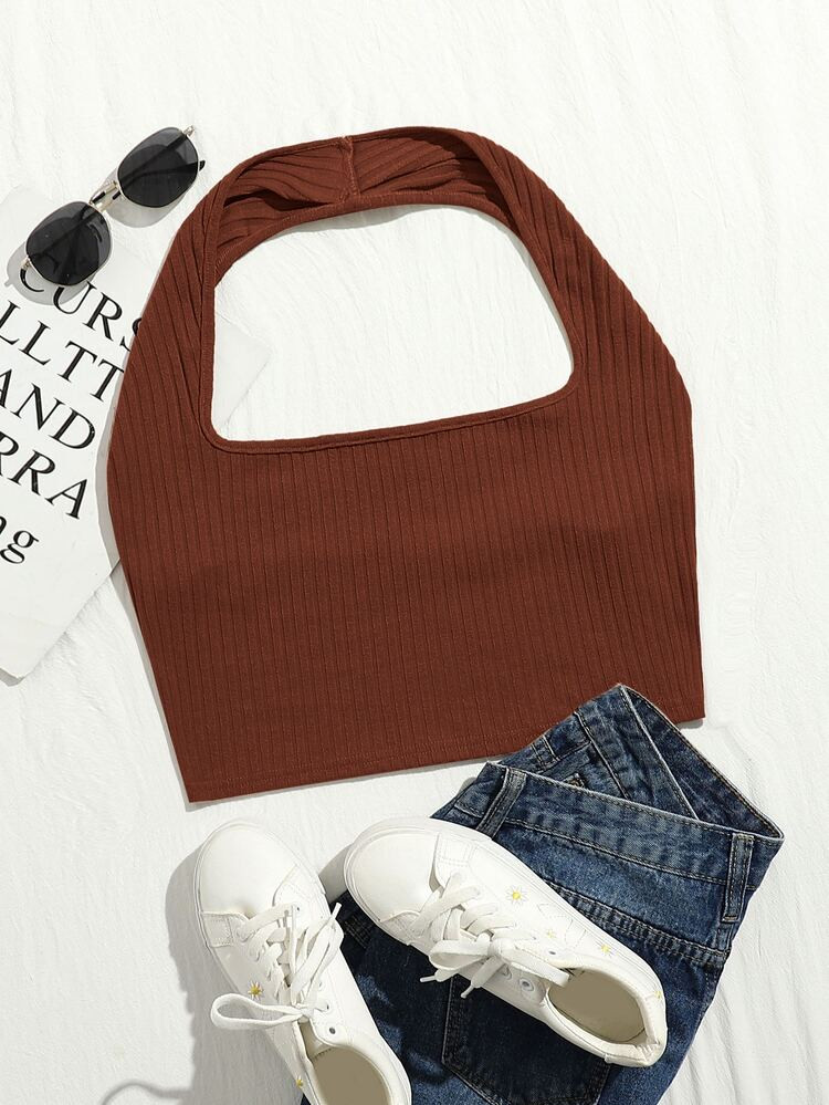 SHEIN Plus Rib-knit Crop Halter Top | SHEIN