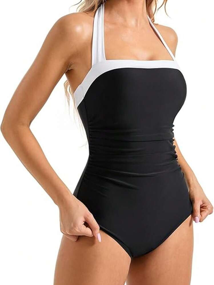 Women's Vintage Style Halter One-Piece Swimsuit With Tummy Control Summer | SHEIN