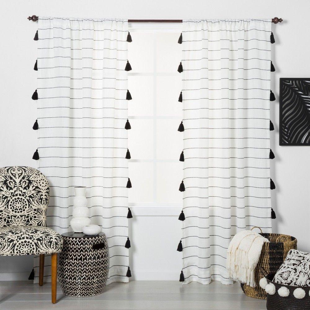 95""x54"" Contrast Stripe Light Filtering Window Curtain Panel with Tassel Black/White - Opalhouse | Target