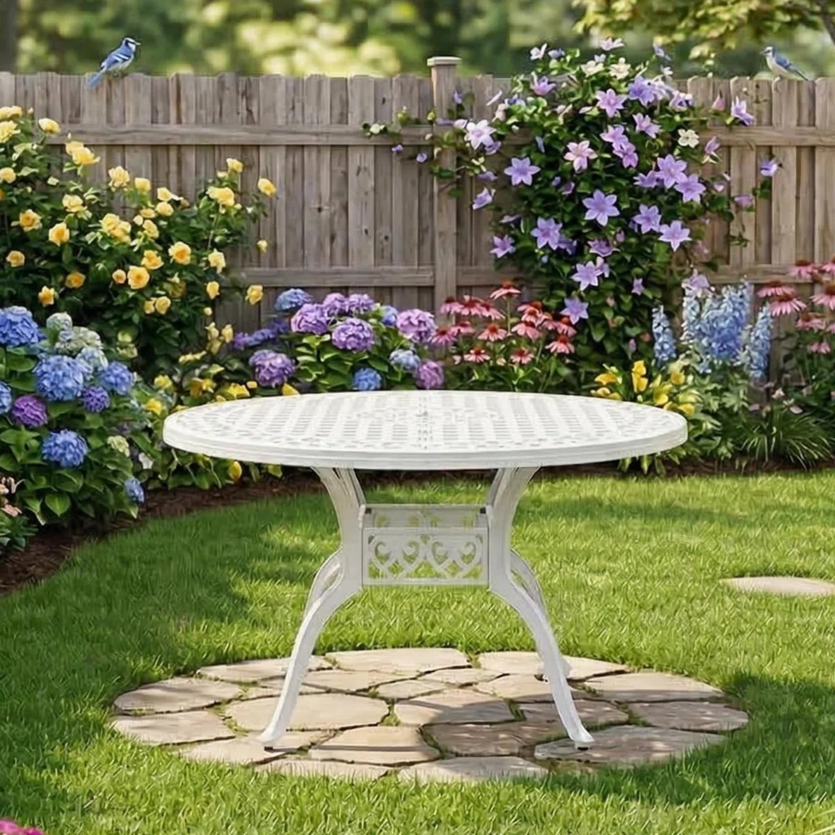 Aveah 47" W Round Metal Patio Dining Table with Umbrella Hole | Wayfair North America