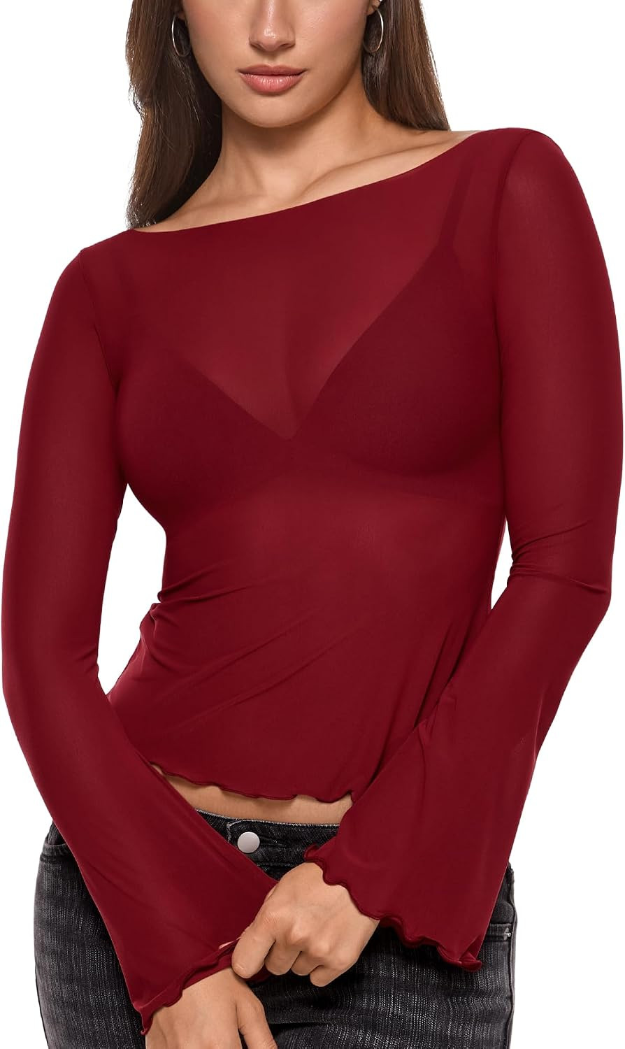 INLYRIC Women's Mesh Boat Neck Long Bell-Sleeve Top | Amazon (US)