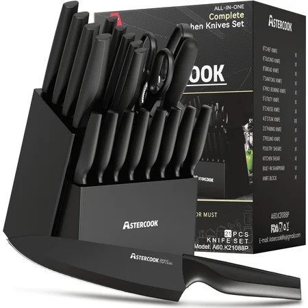 Astercook 20 Pieces Knife Set, Kitchen Knives Set with Built-in Sharpener, Healthy Anti-Rust Coating & German Stainless Steel Knife Block Sets, Dishwasher Safe Black | Walmart (US)