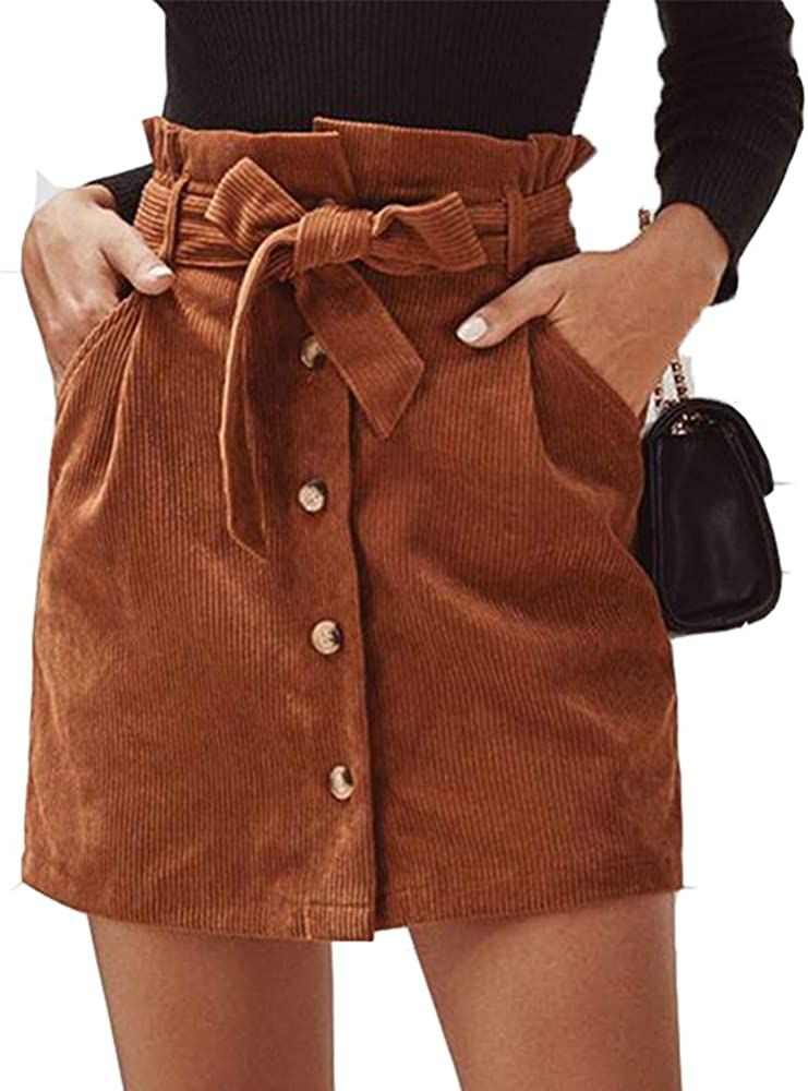 Susupeng Women Paperbag High Waist Elastic Belted Corduroy Button Front with Pockets Short Mini S... | Amazon (US)