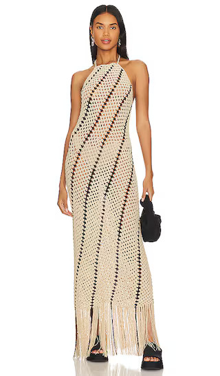 Honor Crochet Dress With Fringe in Natural & Black | Revolve Clothing (Global)