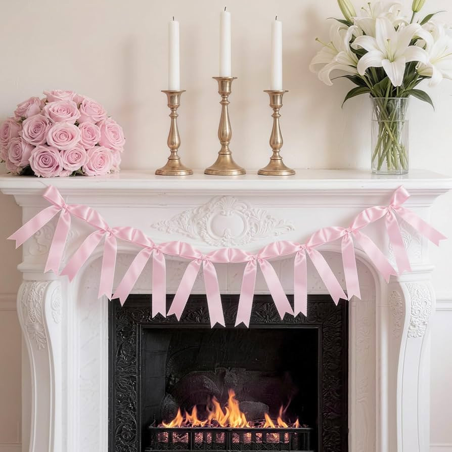 Pink Bow Garland Banner,9.8ft Pre-Strung Satin Bow Garland for Weddings, Baby Showers,Valentines ... | Amazon (US)