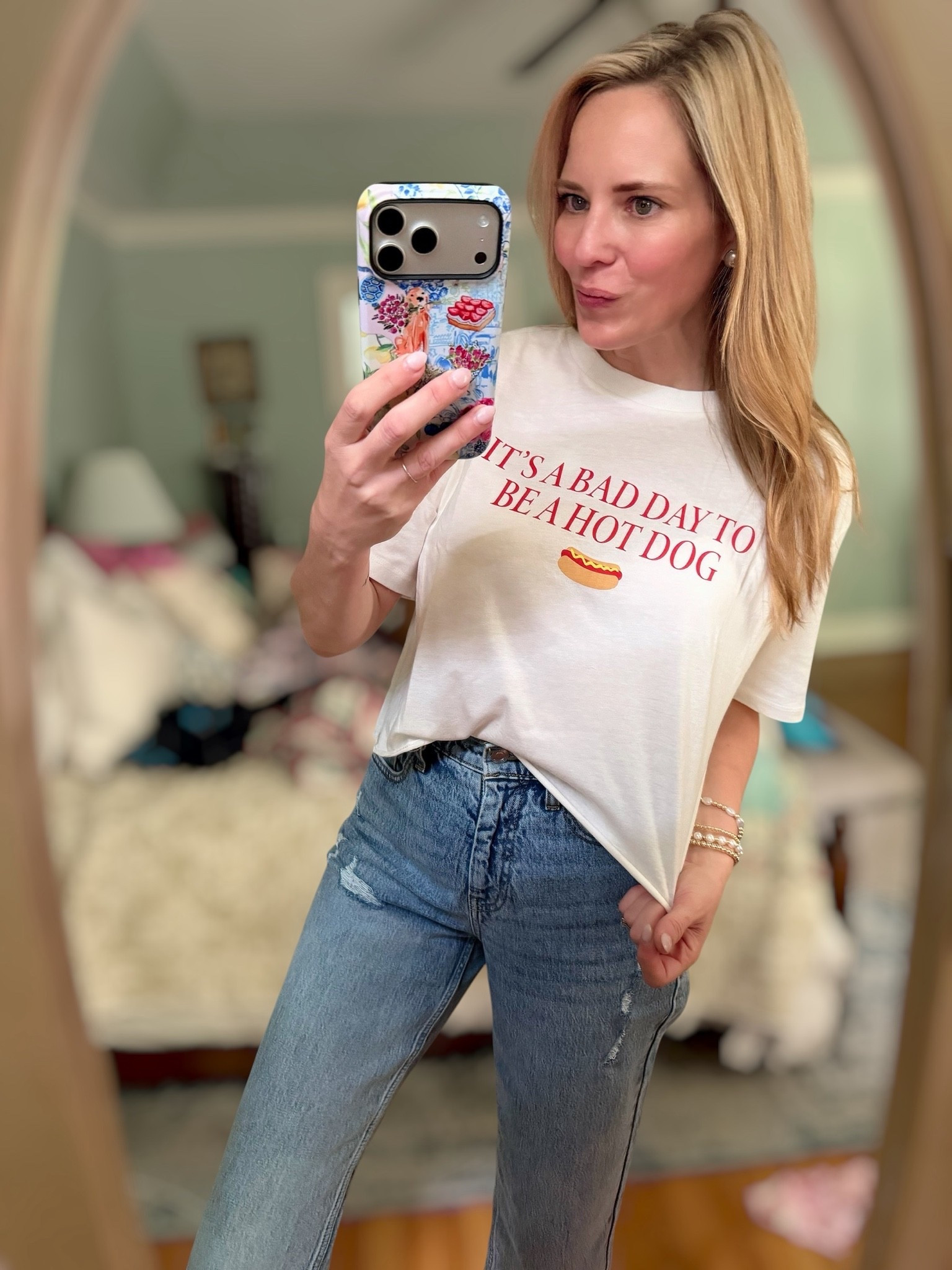 Bad Day to Be a Hot Dog 🌭❤️

If summer had a uniform, this might be it 😍 This playful graphic tee is giving all the patriotic picnic, backyard BBQ, and Fourth of July vibes! I paired it with relaxed cuffed jeans, bright red jelly sandals, and pearl bracelets for a fun, casual look that’s equal parts comfy and festive.

The graphic tee is soft, lightweight, and under $10, making it such a fun budget-friendly find for summer celebrations. The red accessories add the perfect pop of color, while the relaxed denim keeps the outfit easy and effortless. Whether you’re heading to a cookout, fireworks, a baseball game, or just running errands, this outfit is guaranteed to bring a smile. ☀️🇺🇸✨

Summer graphic tee, patriotic outfit, Fourth of July outfit, Walmart fashion, affordable summer style, casual weekend outfit, red jelly sandals, cuffed jeans outfit, BBQ outfit idea, festive summer fashion, women over 40 style, budget-friendly fashion finds, Americana style, summer holiday outfit, everyday casual look. 🌭❤️🤍💙

#LTKPetite #LTKOver40 #LTKootd