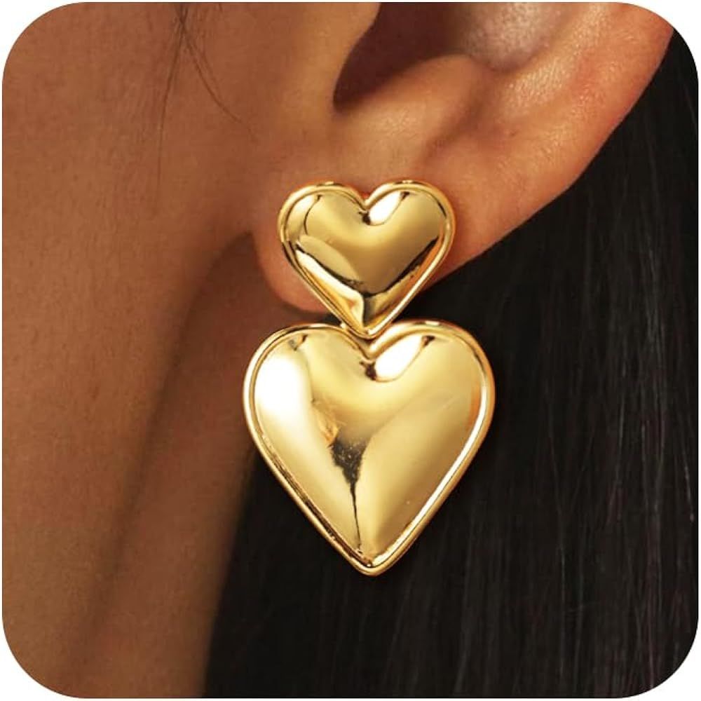 Gold Heart Earrings for Women, Trendy 14K Gold Plated/925 Silver Stud Earrings Cute Love Heart Ea... | Amazon (US)