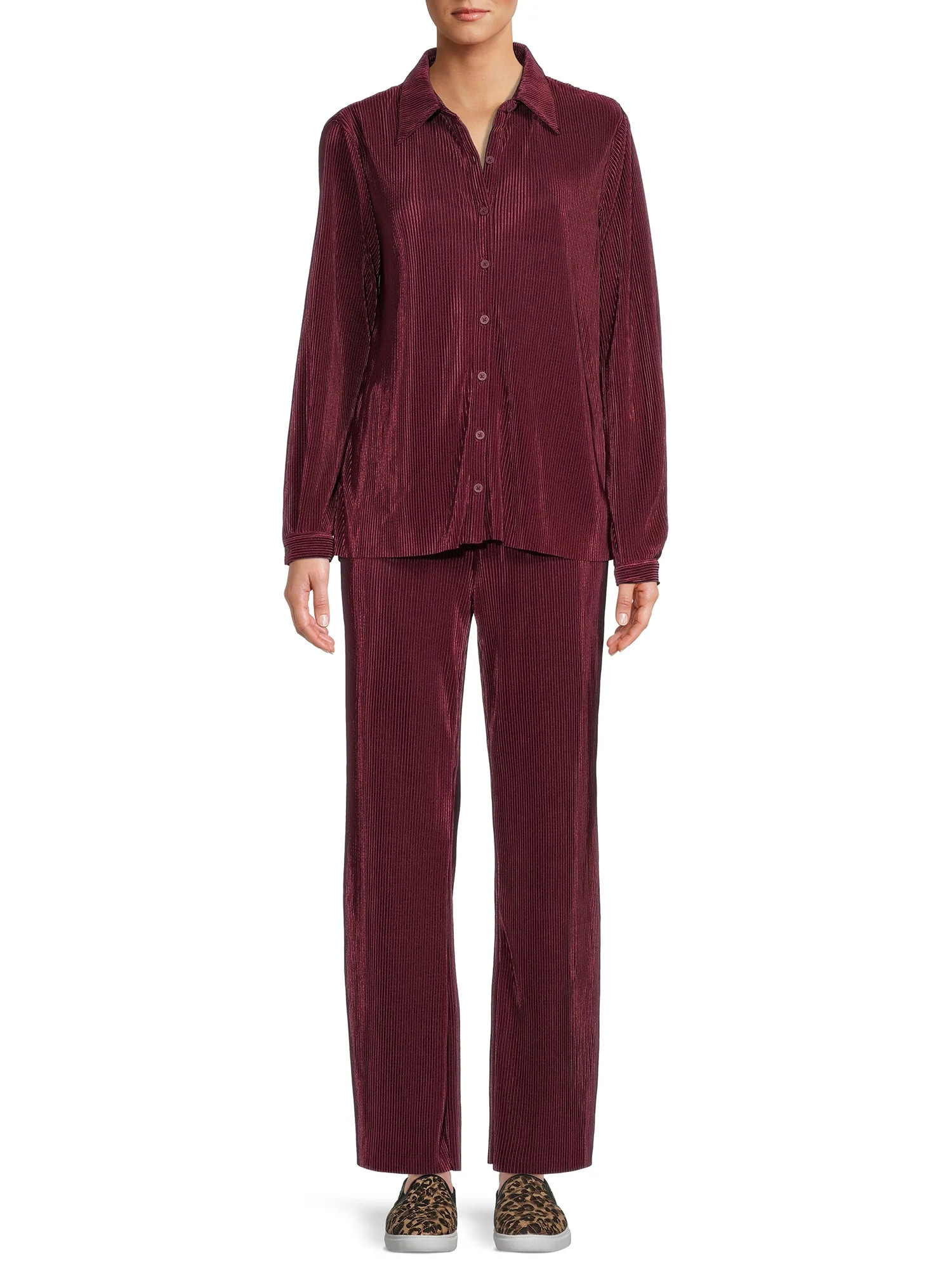 Nine.Eight Women's Crinkle Cut Shirt and Pull On Pants Matching Set, 2-Piece | Walmart (US)