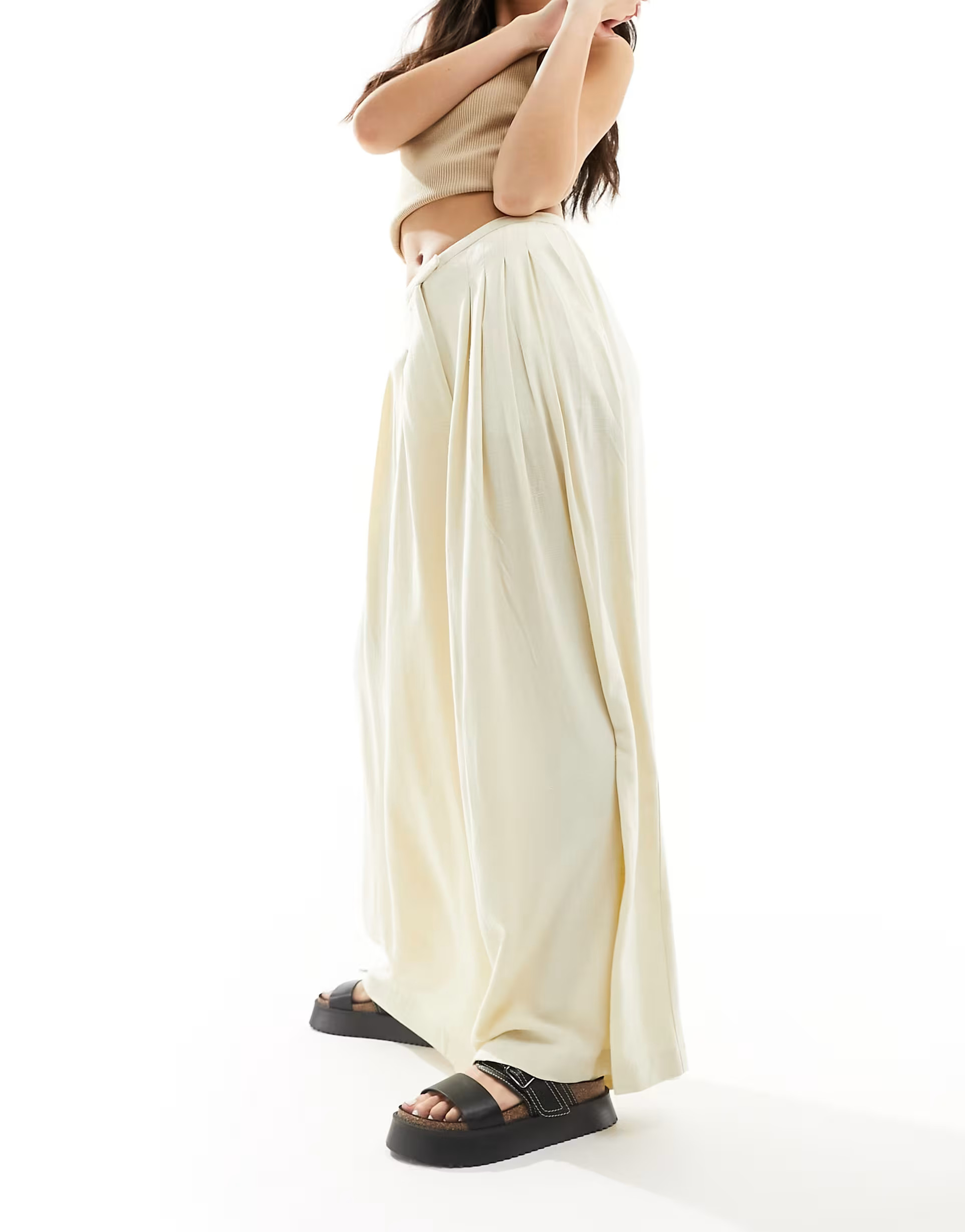 ASOS DESIGN pleated palazzo wide leg pants with linen in cream | ASOS | ASOS (Global)