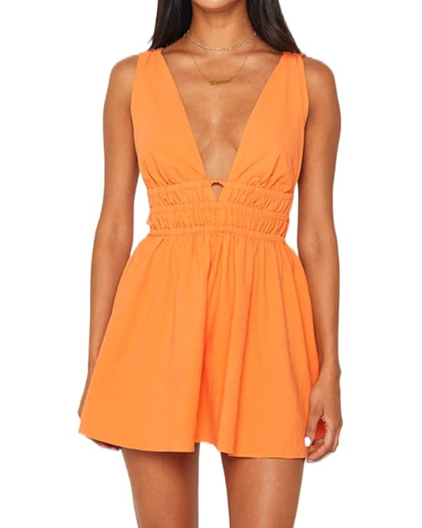 Sunloudy Halter Neck Mini Dresses for Women Sleeveless Deep V-Neck Swing Short Dress Open Back Sl... | Amazon (US)