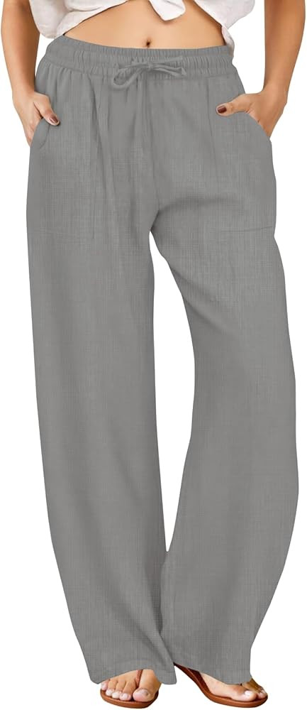 FireSwan Womens Palazzo Pants Casual Drawstring Flowy Pants Wide Leg Summer Beach Linen Trousers ... | Amazon (US)