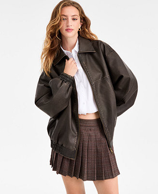 Bar III Women's Oversized Faux-Leather Bomber Jacket, Macy's Exclusive - Macy's | Macy's