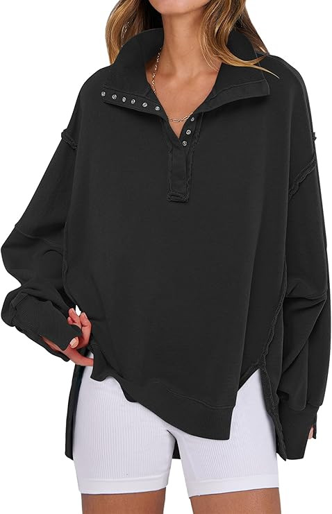 ANRABESS Women's Sweatshirts Oversized Casual Loose Button Up Henley Pullover Top High Low Split ... | Amazon (US)