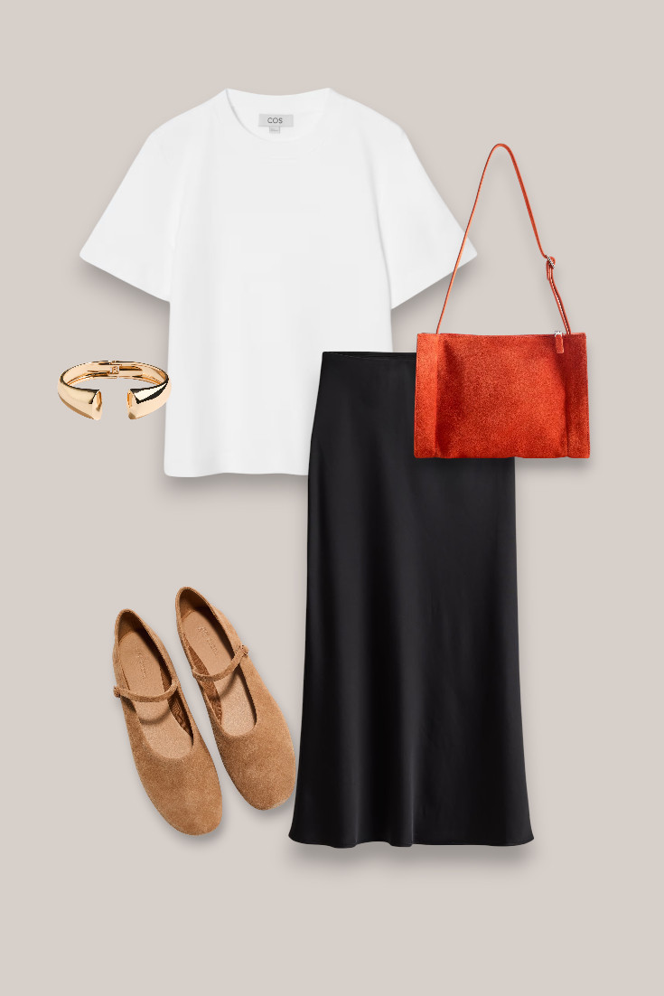 Black satin skirt + white tee
Simple but probably one of my favourites 🖤 A black satin maxi with a white tee, tan suede Mary Janes and rust suede bag. Such an easy outfit for warm early fall days. 

 #LTKautumn #LTKdatenight #LTKstyletip