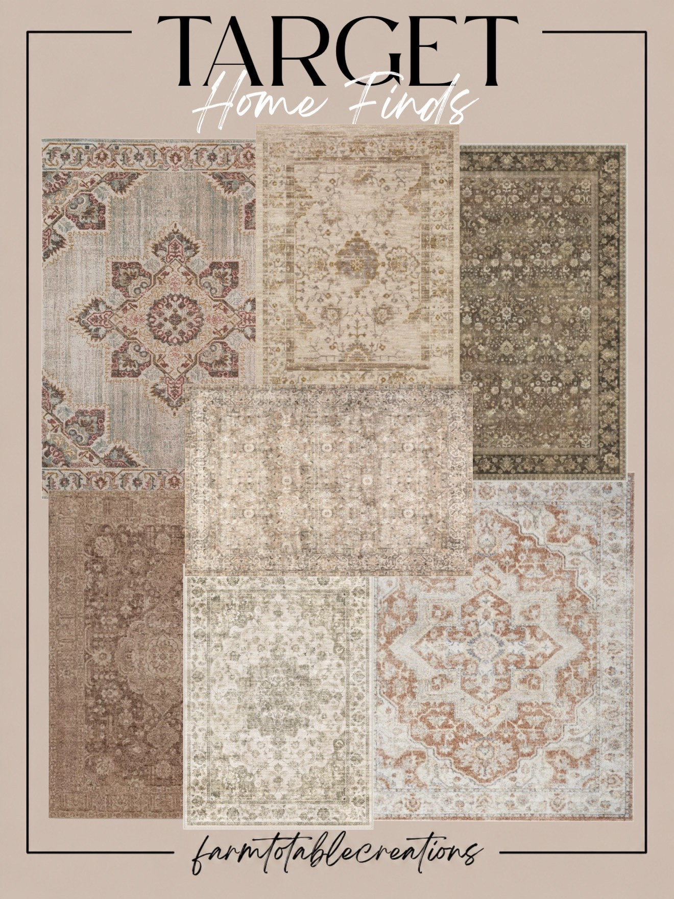 Target Rug Finds 🤎

A good rug can completely transform a room, and these Target finds are SO good! From soft, faded neutrals to warm vintage-inspired patterns, these rugs bring that layered, collected designer look without overwhelming your space.

I love the mix of taupe, olive, rust, cream, and muted brown tones—perfect for living rooms, bedrooms, dining spaces, or entryways. They’re neutral enough to work year-round while still adding plenty of warmth and character.

Follow @farmtotablecreations on Instagram for more cozy home finds and trending decor.

#LTKHome #Target #TargetFinds #TargetHome #TargetStyle #RugFinds #AreaRugs #NeutralRug #VintageInspired #NeutralHome #CozyHome #WarmNeutrals #HomeDecor #HomeInspo #LTKFinds

#LTKSaleAlert #LTKHome