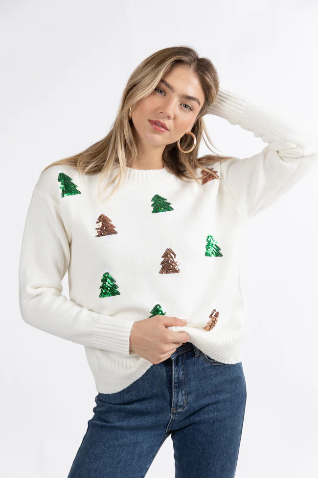 Twinkling Tree Ivory Sequin Tree Patch Sweater Macy Blackwell X Pink Lily | Pink Lily