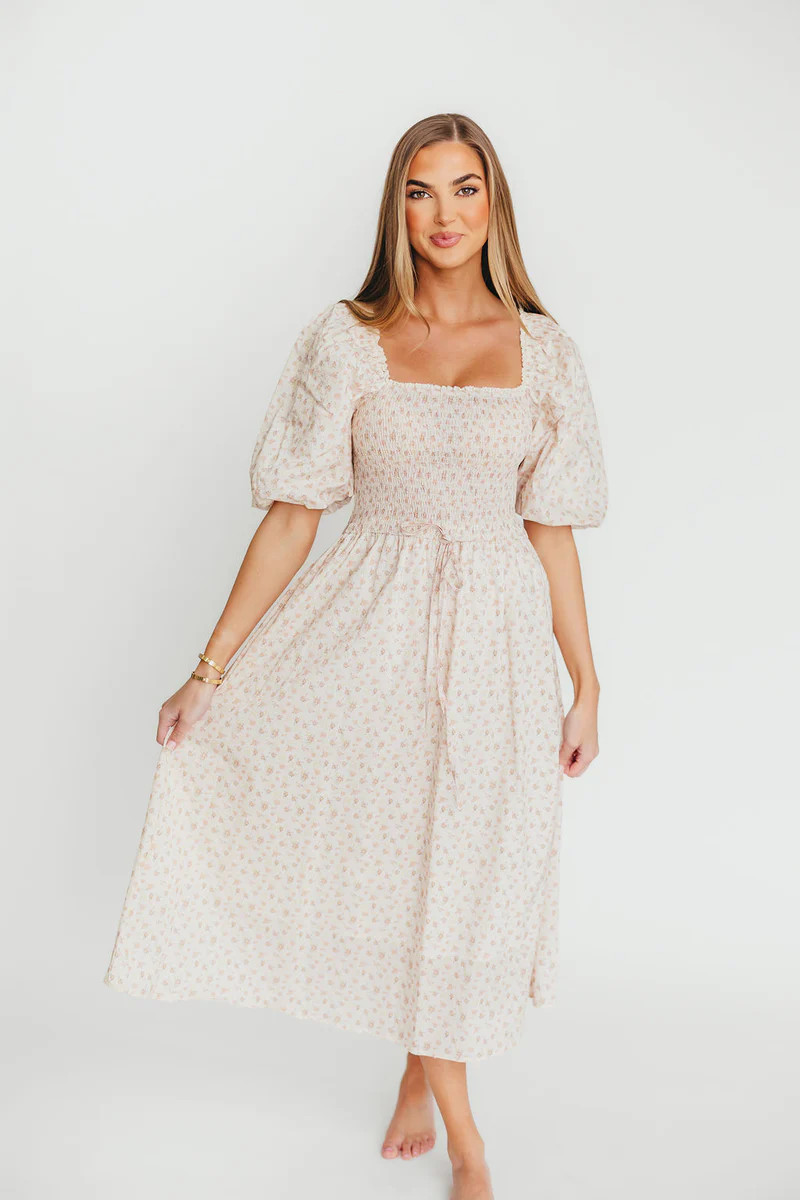 Maeve 100% Cotton Puff Sleeve Midi Dress in Dainty Pink Floral | Worth Collective