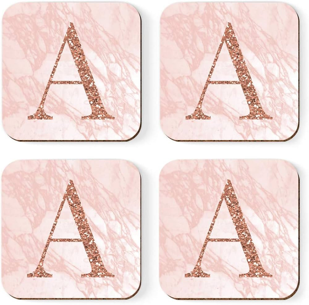 Andaz Press Square Coffee Drink Monogram Coasters Gift Set, Initial Letter A, Faux Rose Gold Glit... | Amazon (US)