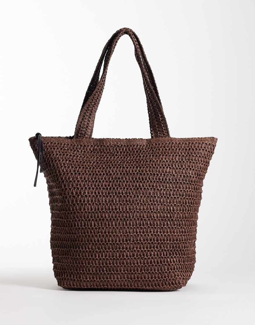 ASOS DESIGN straw crochet tote in chocolate-Brown | ASOS (Global)