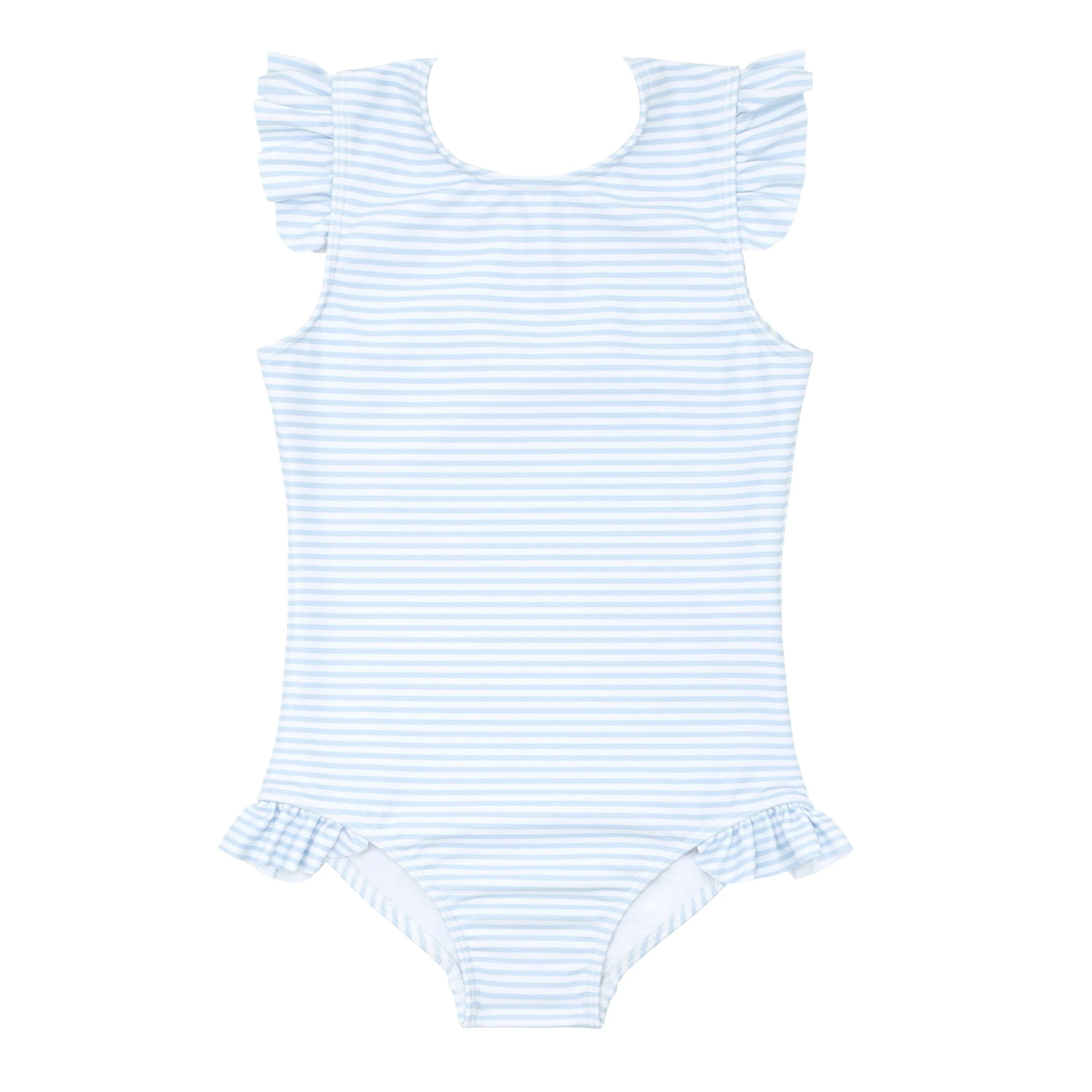 girls powder blue stripe ruffle sleeve rashguard one piece | Minnow