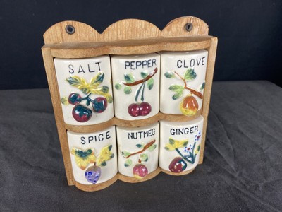 Vtg Spice Rack W/ Wooden Shelf Books W/ Fruits Designs 6 Ceramic Jars 2.25" Tall | eBay US