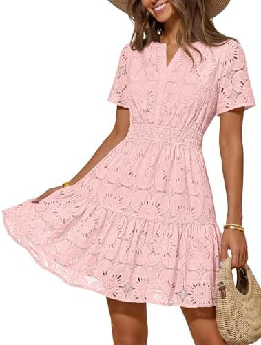 MEROKEETY Women's Spring Summer Lace Boho Dress 2026 Short Sleeve Eyelet Floral Ruffle A Line Vac... | Amazon (US)