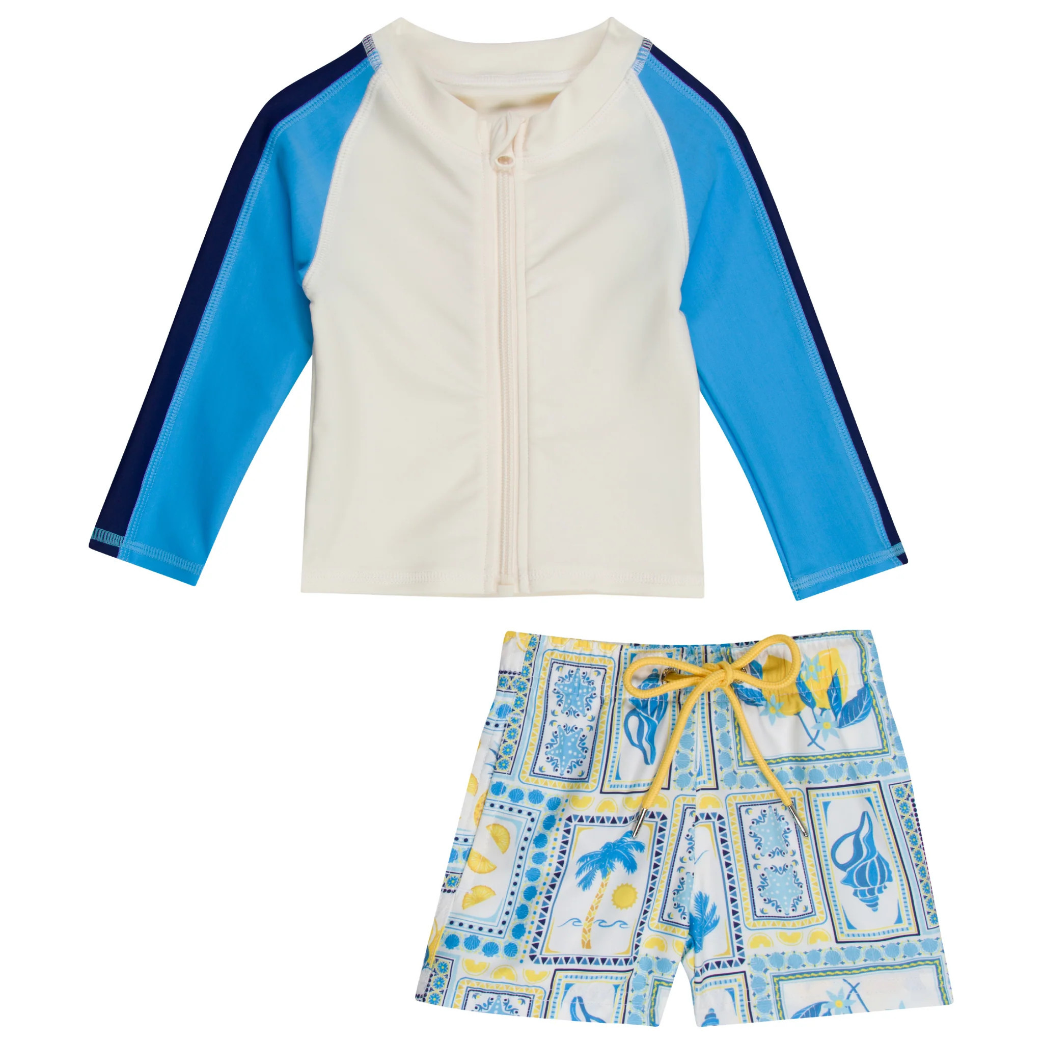 Boys Long Sleeve Zipper Rash Guard and Swim Trunk Set | "Mediterranean Lemons" | SwimZip