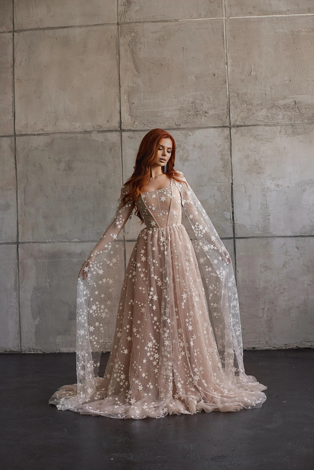 Reflective star celestial off white beige-blush wedding dress boho dress long sleeves sparkles gl... | Etsy (US)