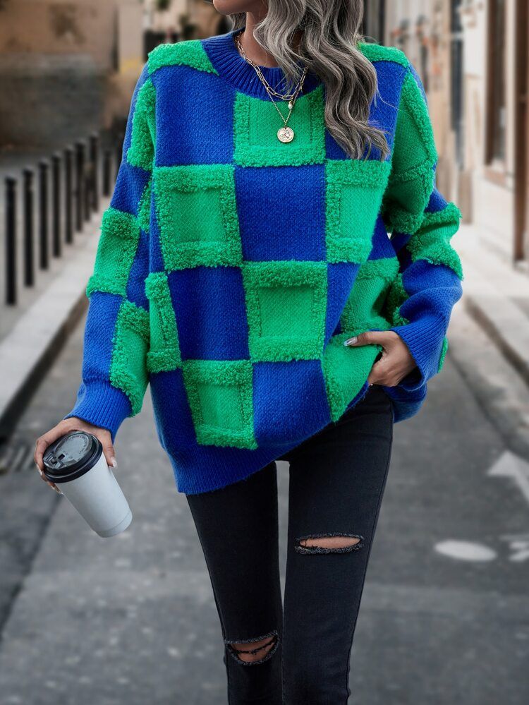 Checker Pattern Drop Shoulder Sweater | SHEIN