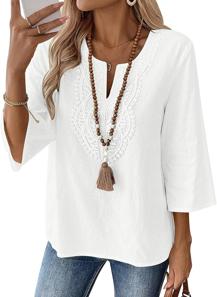 LOMON Womens 3/4 Sleeve Tops Cotton Linen Shirts V Neck Lace Casual Loose Fit Blouses Boho Fashio... | Amazon (US)