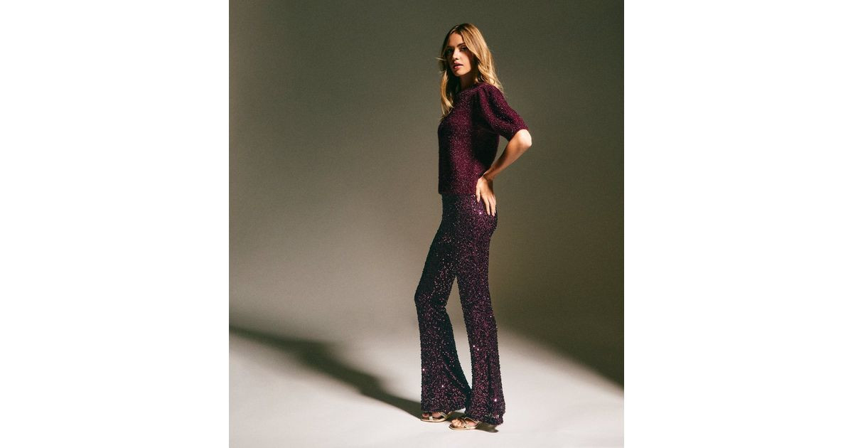 Dark Burgundy Sequin Flared Trousers | New Look | New Look (UK)