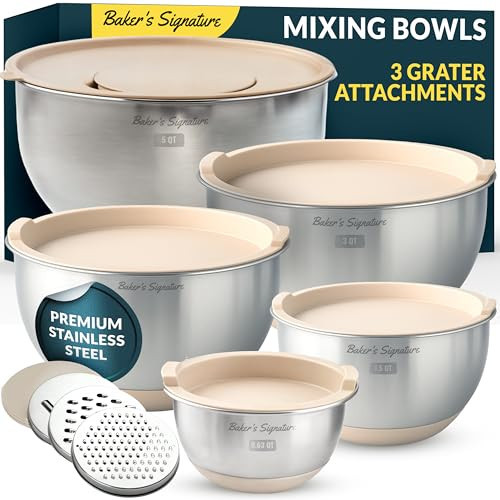 Stainless Steel Mixing Bowls with Lids Set, 5 Sizes, 3 Graters, Non-Slip Base, Airtight Lids, Metal Mixing Bowls for Kitchen, Food Prep, Storage, 0.63QT-5QT, Khaki | Amazon (US)